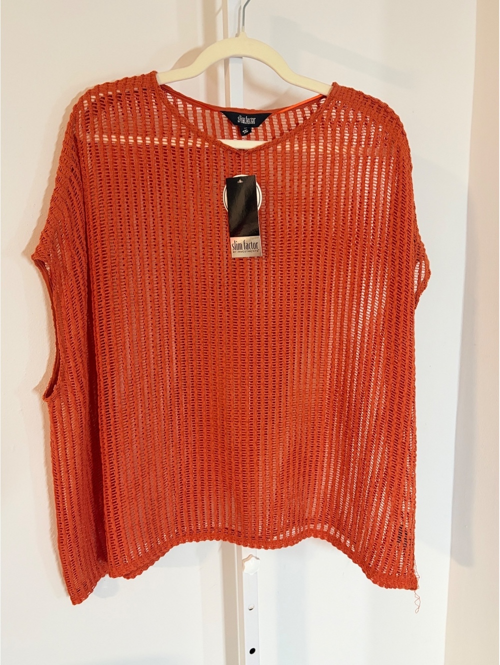 NWT Slim Factor Women's Orange Open Knit Short Sleeve Sweater Top, Size M, New